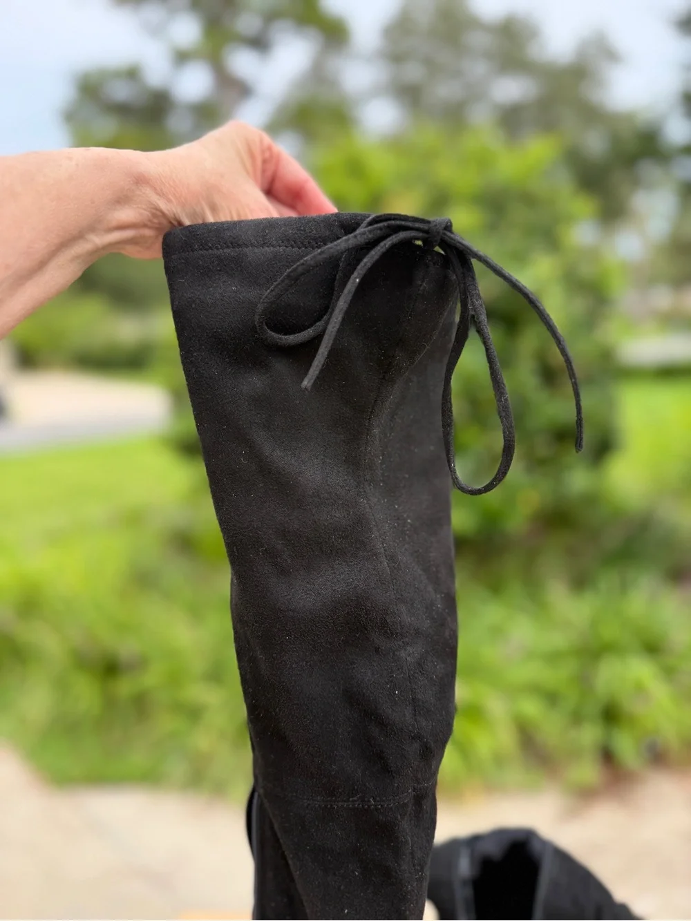 Black Faux Suede Over The Knee Boots Flat Block Heel Tie Back Women's 7.5